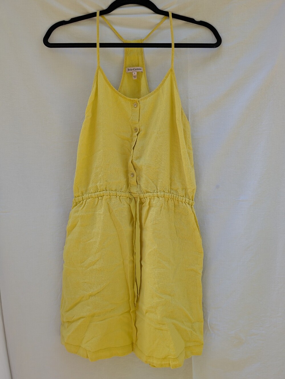 Juicy Couture Linen Spaghetti Strap Racerback Dress w Pockets Yellow Gold Sz S